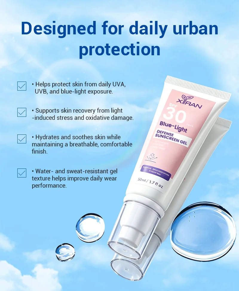 Sunscreen gel with SPF30 in a tube, designed for daily urban protection against UVA, UVB, and blue-light exposure.